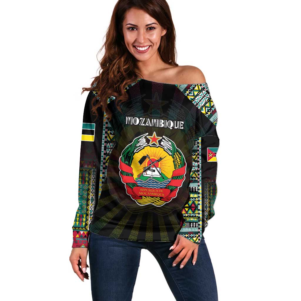 Personalized Mozambique Roots Off Shoulder Sweater African Map in Fingerprint and Tribal Colors