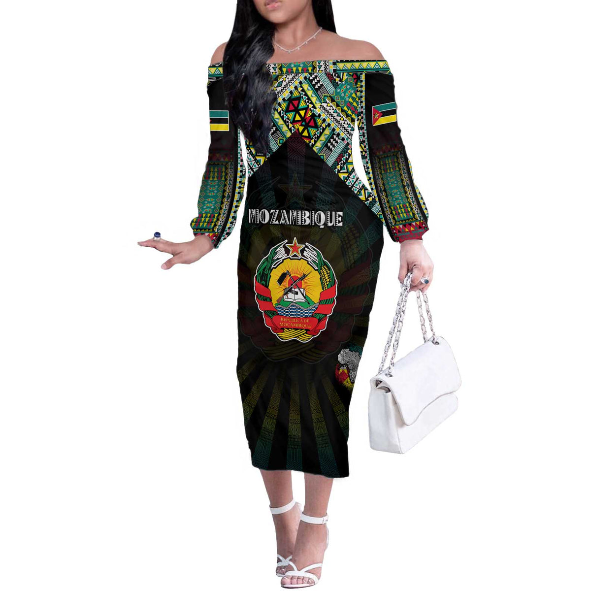 Personalized Mozambique Roots Off The Shoulder Long Sleeve Dress African Map in Fingerprint and Tribal Colors