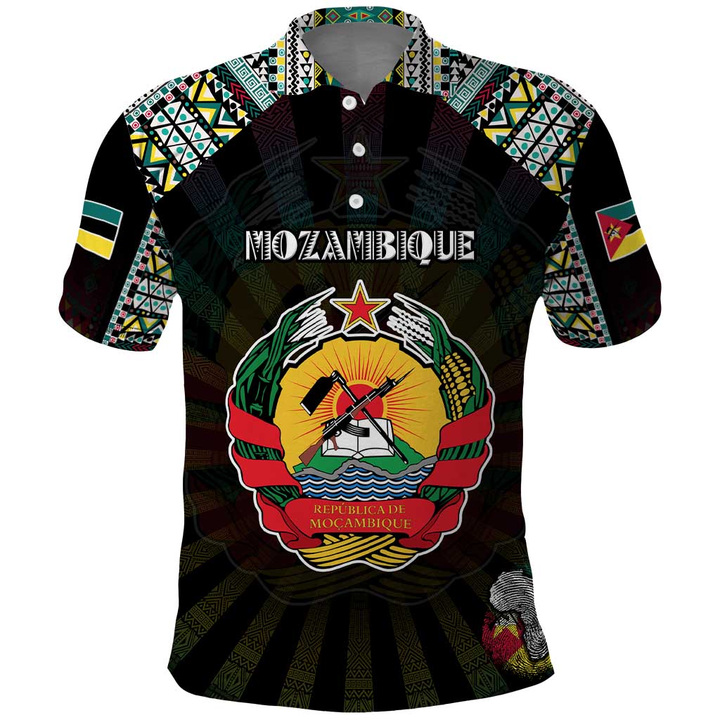 Personalized Mozambique Roots Polo Shirt African Map in Fingerprint and Tribal Colors