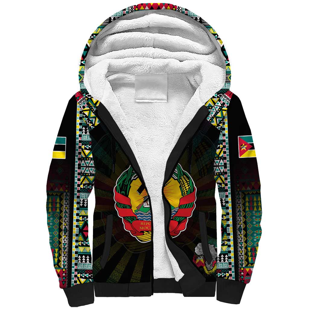 Personalized Mozambique Roots Sherpa Hoodie African Map in Fingerprint and Tribal Colors