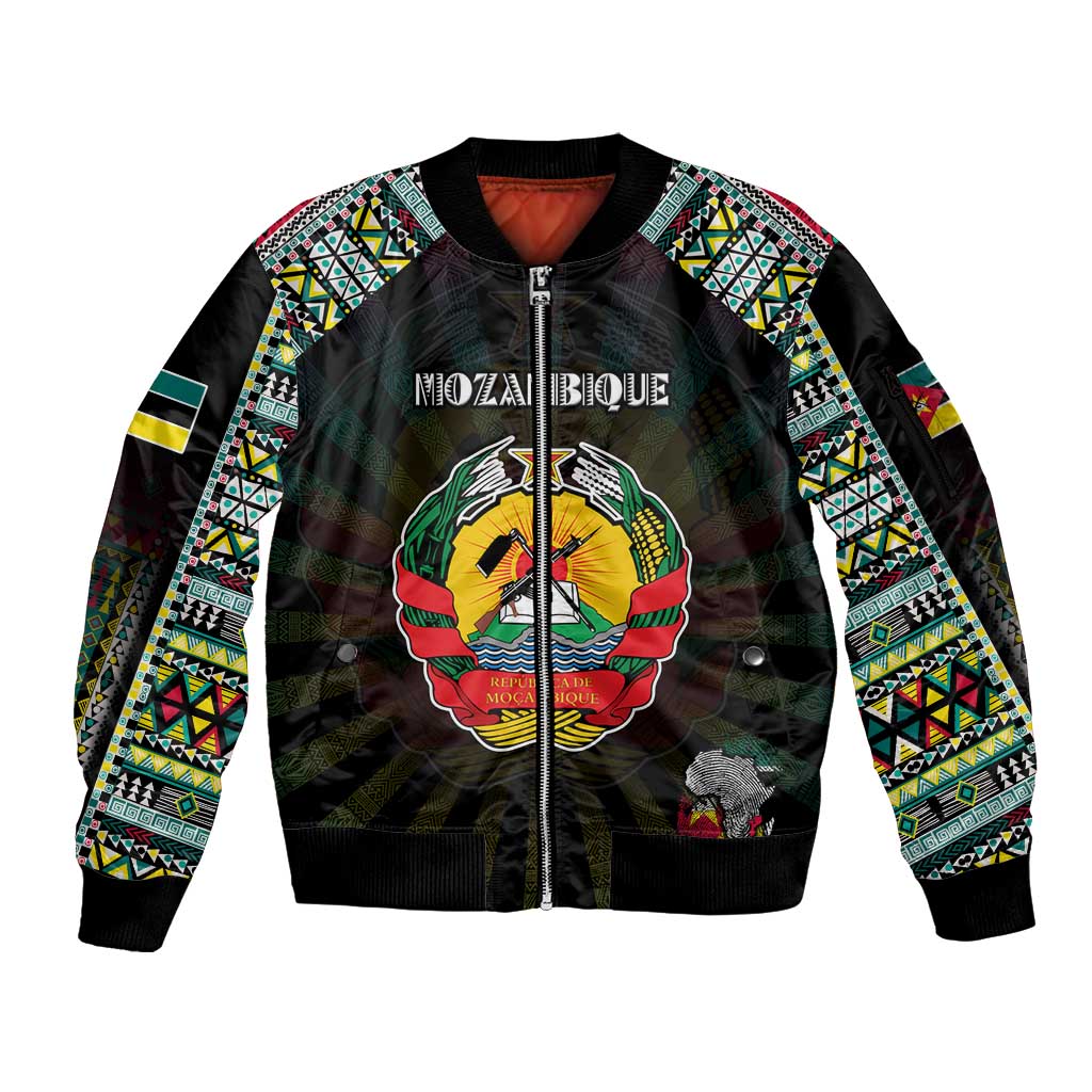 Personalized Mozambique Roots Sleeve Zip Bomber Jacket African Map in Fingerprint and Tribal Colors