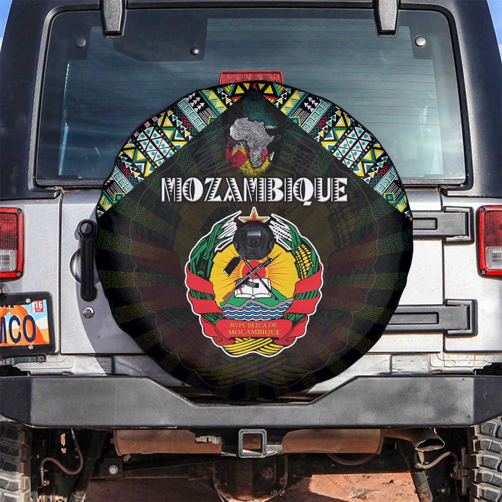 Mozambique Roots Spare Tire Cover African Map in Fingerprint and Tribal Colors
