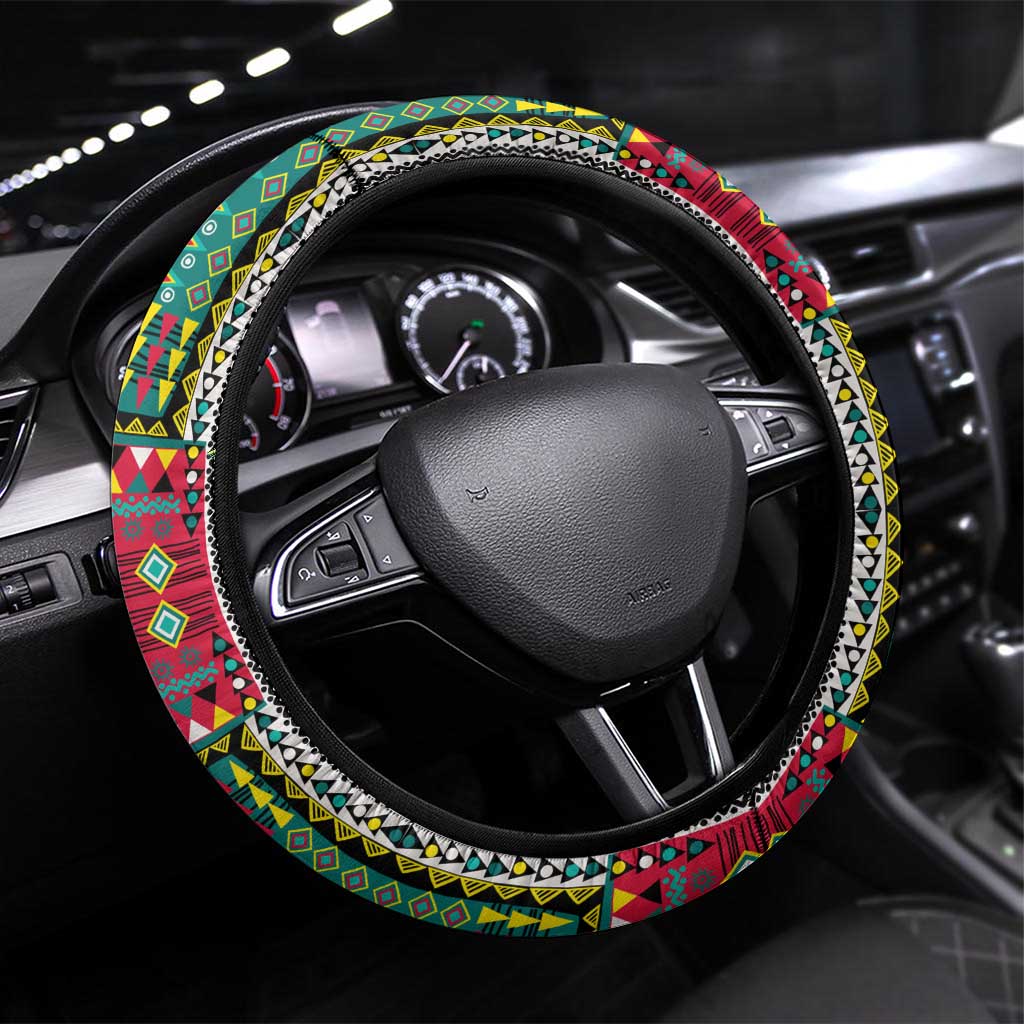Mozambique Roots Steering Wheel Cover African Map in Fingerprint and Tribal Colors
