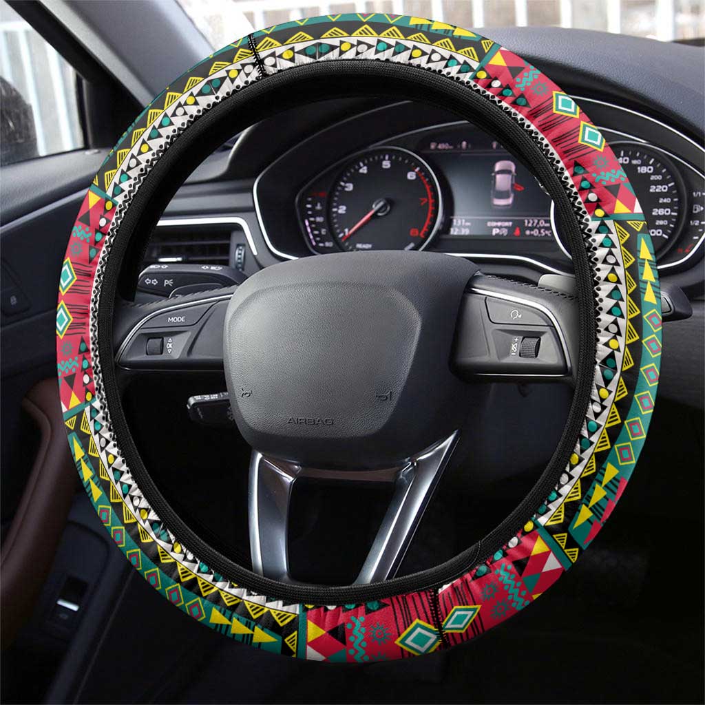 Mozambique Roots Steering Wheel Cover African Map in Fingerprint and Tribal Colors