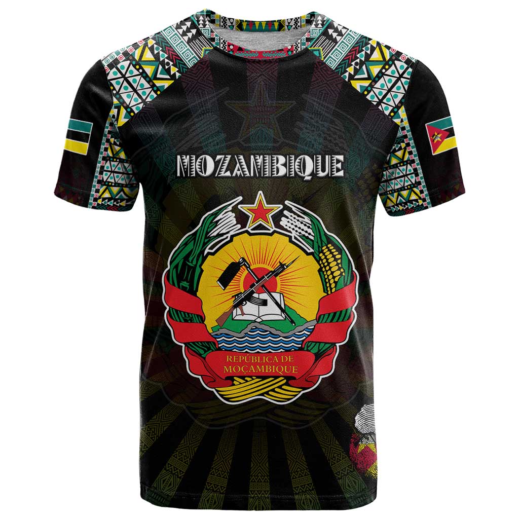 Personalized Mozambique Roots T Shirt African Map in Fingerprint and Tribal Colors