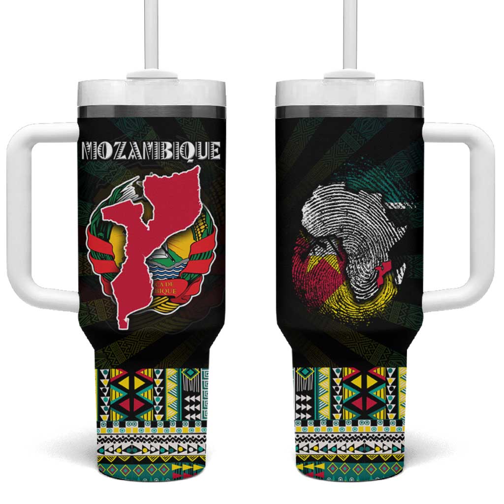 Mozambique Roots Tumbler With Handle African Map in Fingerprint and Tribal Colors