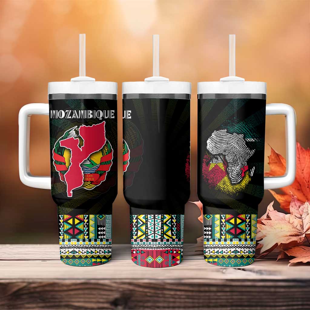 Mozambique Roots Tumbler With Handle African Map in Fingerprint and Tribal Colors