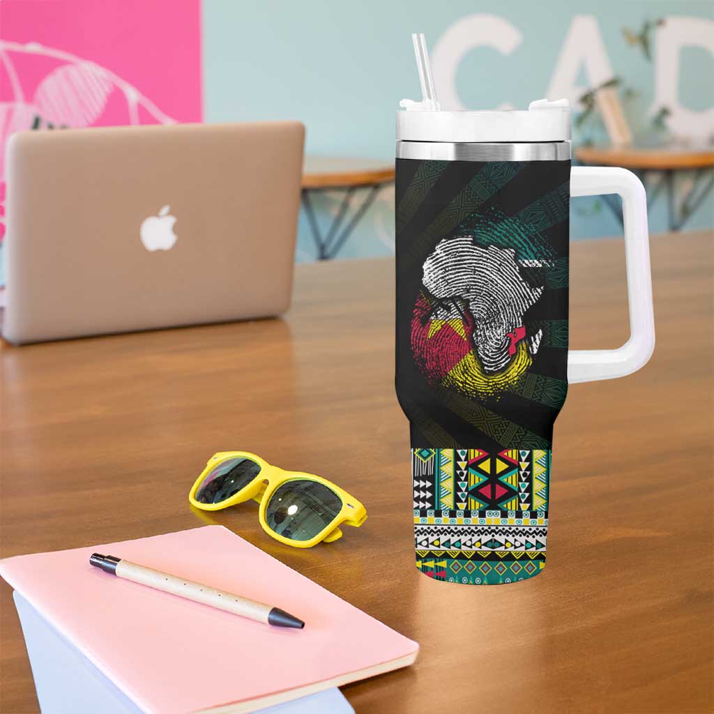 Mozambique Roots Tumbler With Handle African Map in Fingerprint and Tribal Colors
