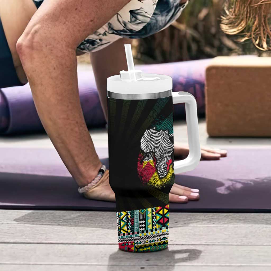 Mozambique Roots Tumbler With Handle African Map in Fingerprint and Tribal Colors