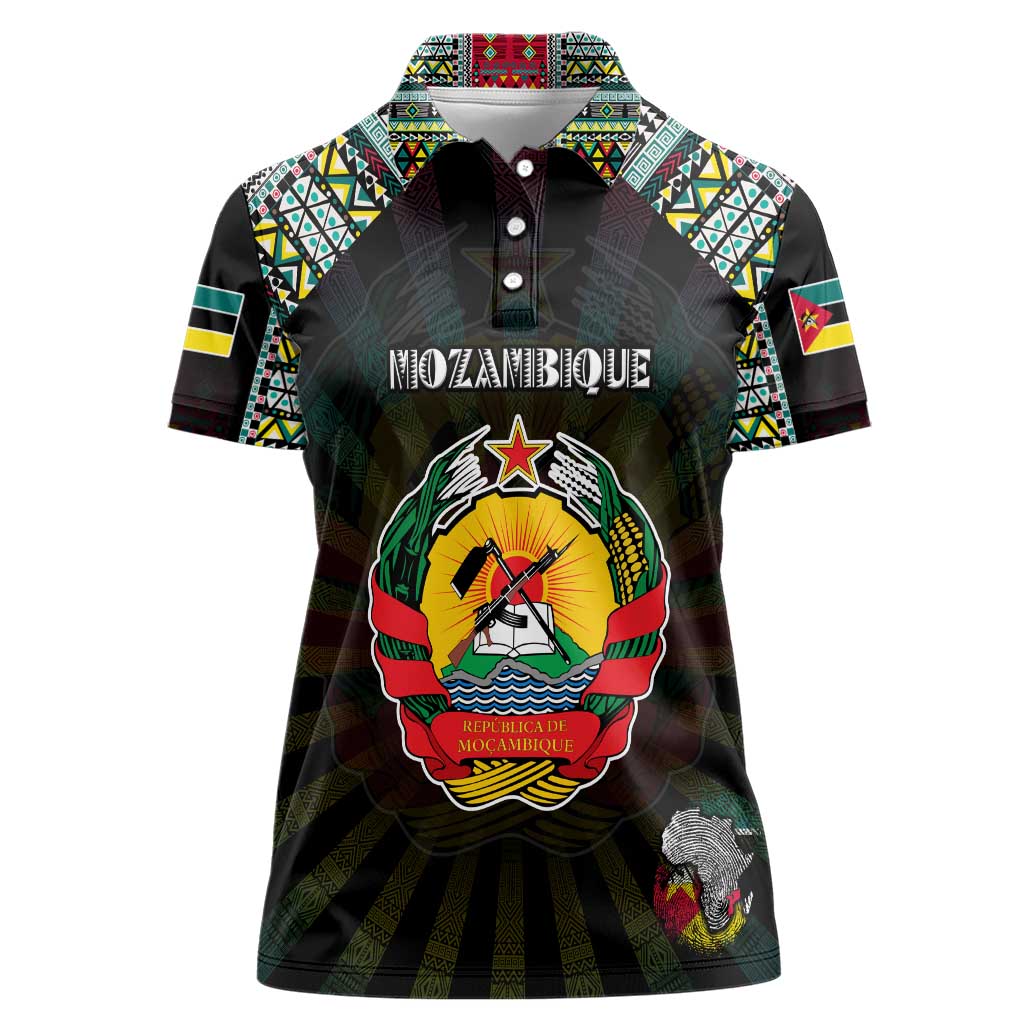 Personalized Mozambique Roots Women Polo Shirt African Map in Fingerprint and Tribal Colors