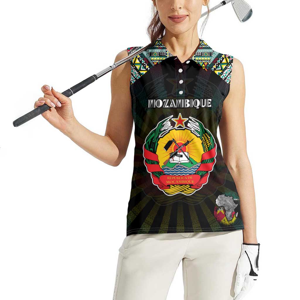 Personalized Mozambique Roots Women Sleeveless Polo Shirt African Map in Fingerprint and Tribal Colors