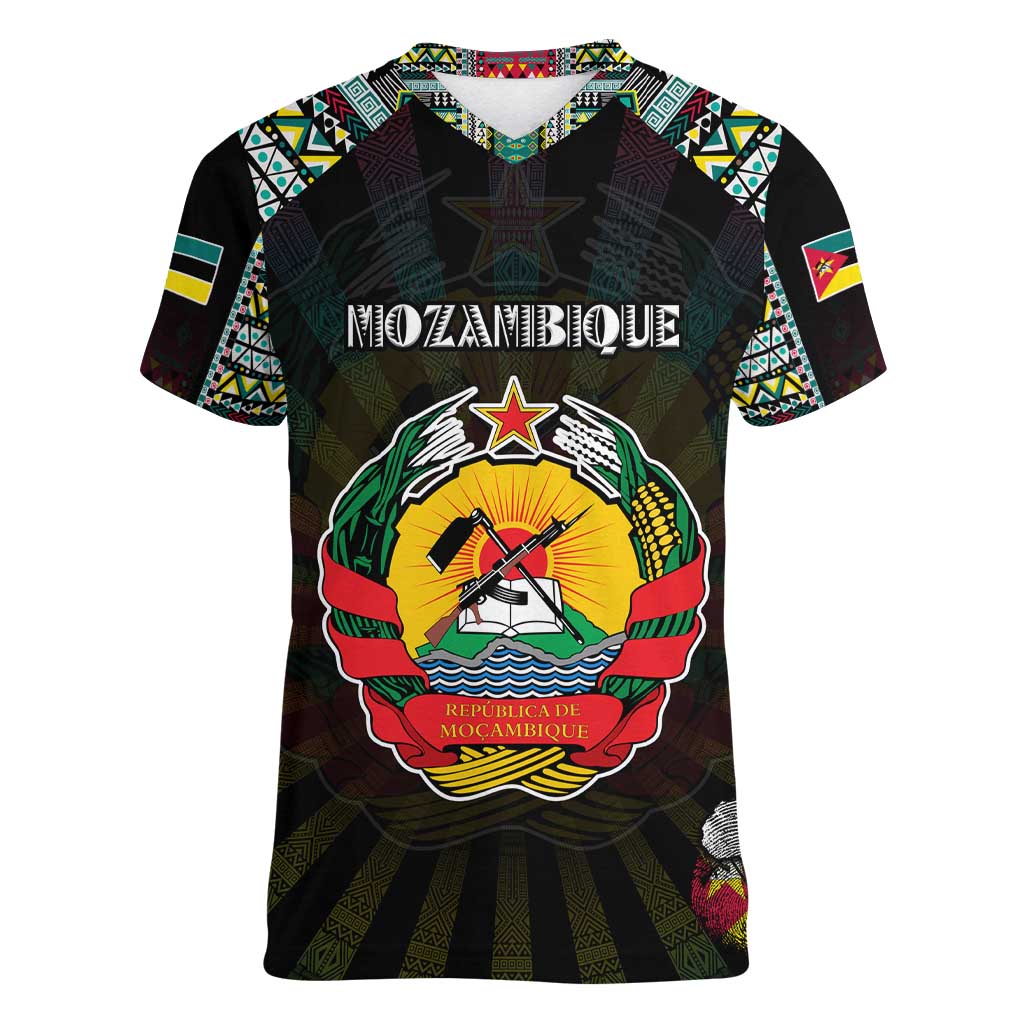 Personalized Mozambique Roots Women V-Neck T-Shirt African Map in Fingerprint and Tribal Colors