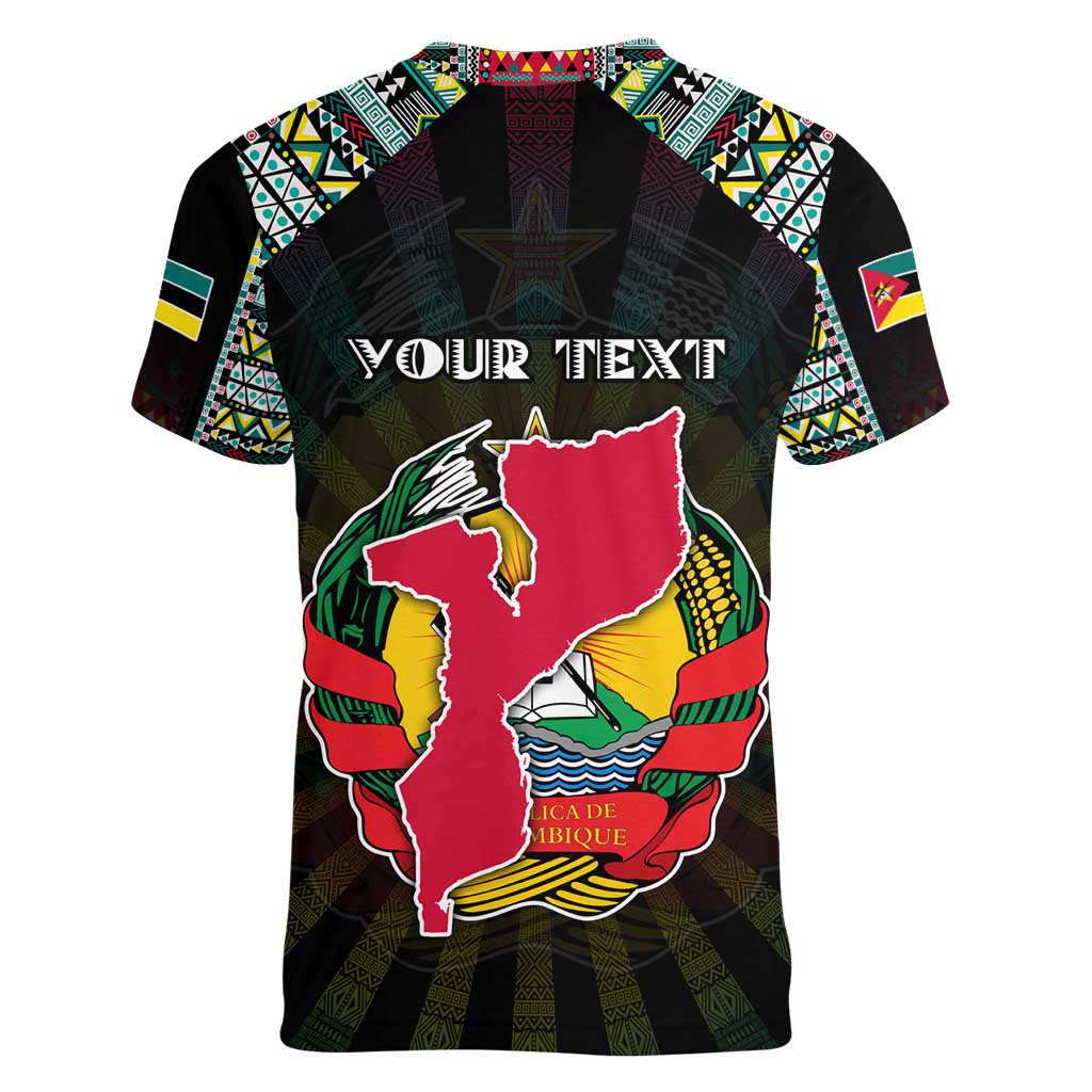 Personalized Mozambique Roots Women V-Neck T-Shirt African Map in Fingerprint and Tribal Colors