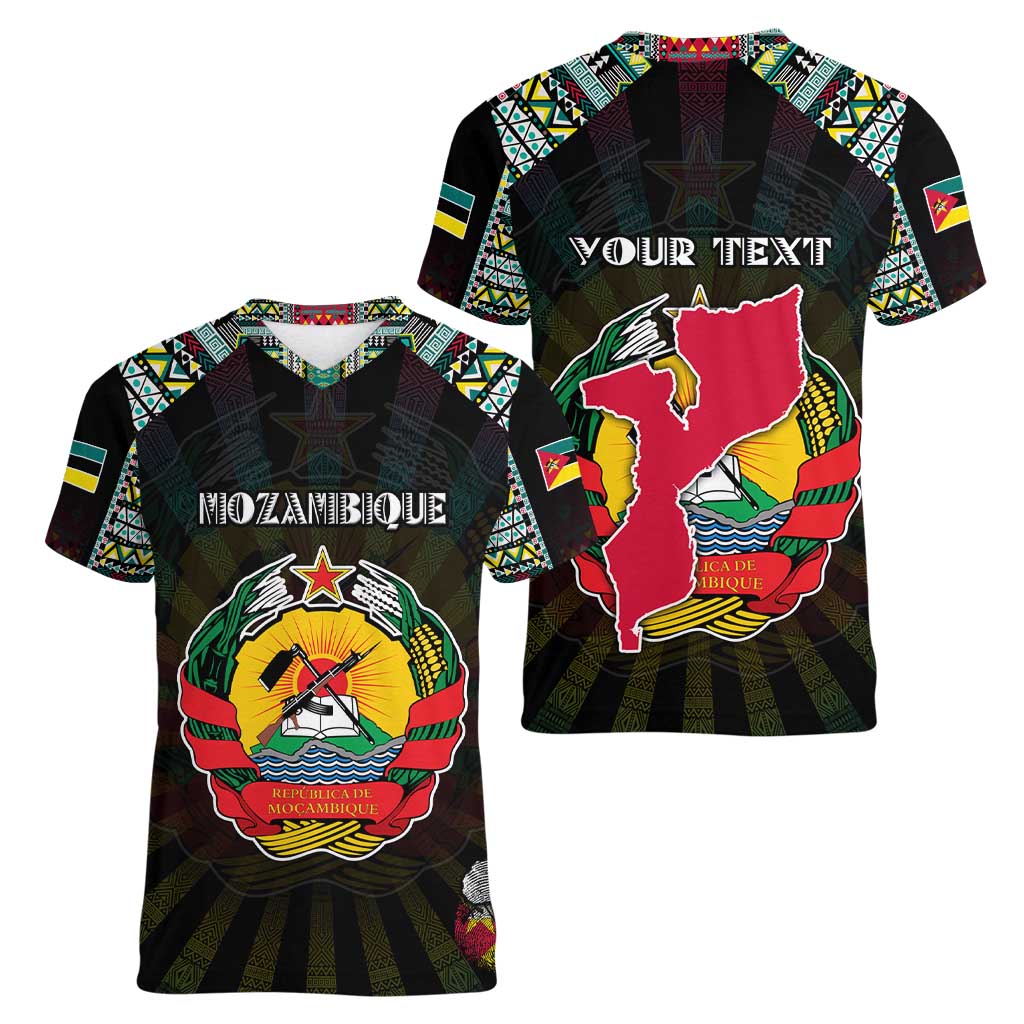 Personalized Mozambique Roots Women V-Neck T-Shirt African Map in Fingerprint and Tribal Colors