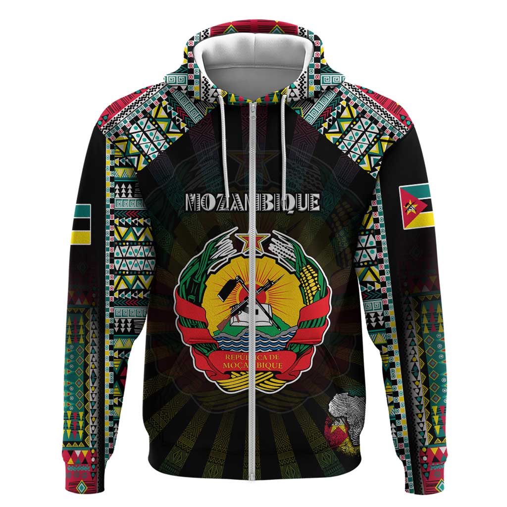Personalized Mozambique Roots Zip Hoodie African Map in Fingerprint and Tribal Colors