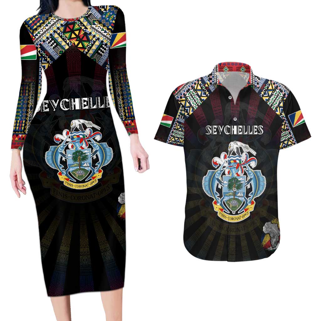 Personalized Seychelles Roots Couples Matching Long Sleeve Bodycon Dress and Hawaiian Shirt African Map in Fingerprint and Tribal Colors