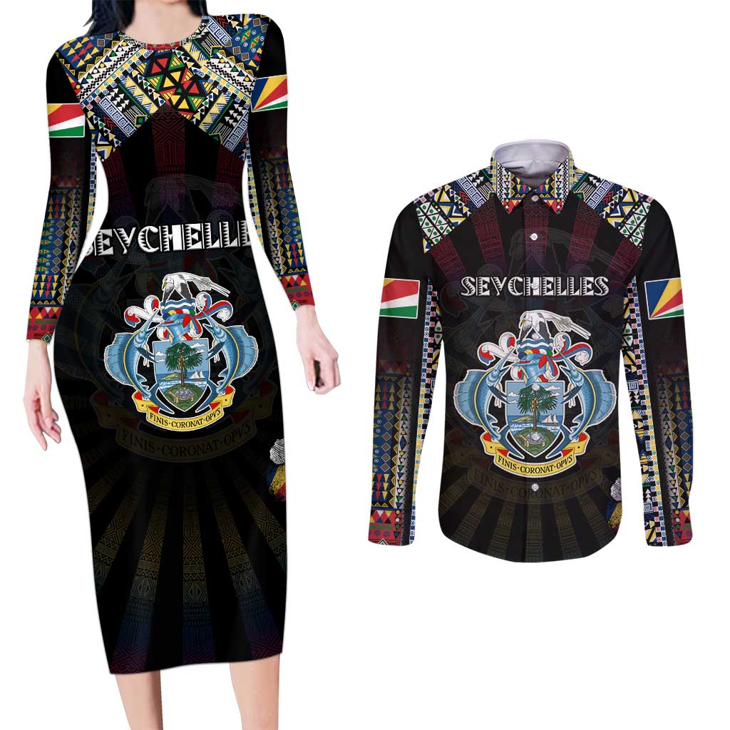 Personalized Seychelles Roots Couples Matching Long Sleeve Bodycon Dress and Long Sleeve Button Shirt African Map in Fingerprint and Tribal Colors