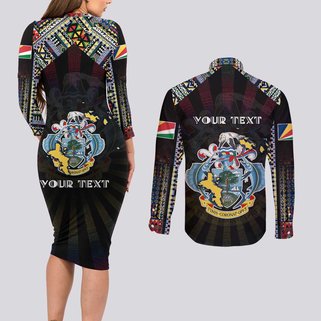 Personalized Seychelles Roots Couples Matching Long Sleeve Bodycon Dress and Long Sleeve Button Shirt African Map in Fingerprint and Tribal Colors