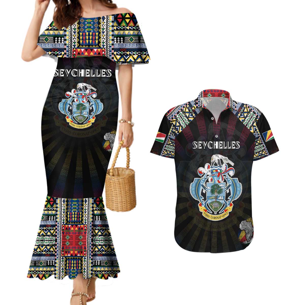Personalized Seychelles Roots Couples Matching Mermaid Dress and Hawaiian Shirt African Map in Fingerprint and Tribal Colors