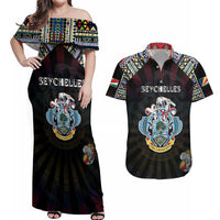 Personalized Seychelles Roots Couples Matching Off Shoulder Maxi Dress and Hawaiian Shirt African Map in Fingerprint and Tribal Colors