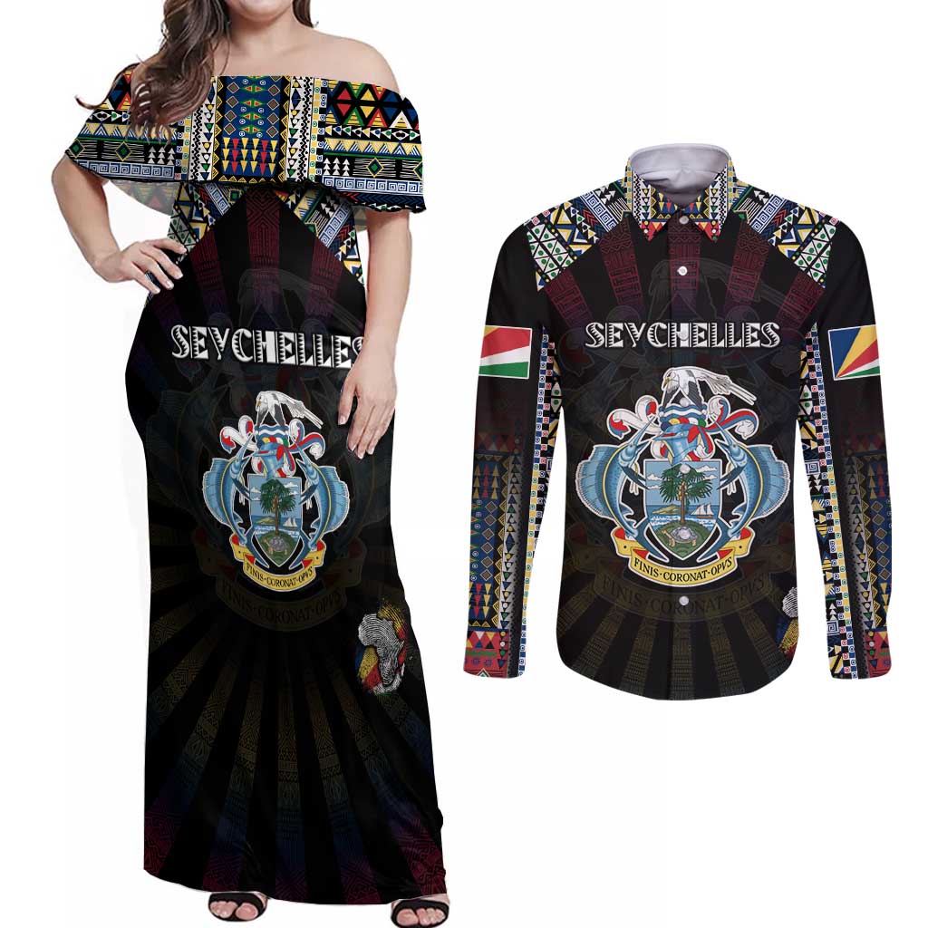 Personalized Seychelles Roots Couples Matching Off Shoulder Maxi Dress and Long Sleeve Button Shirt African Map in Fingerprint and Tribal Colors