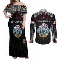 Personalized Seychelles Roots Couples Matching Off Shoulder Maxi Dress and Long Sleeve Button Shirt African Map in Fingerprint and Tribal Colors