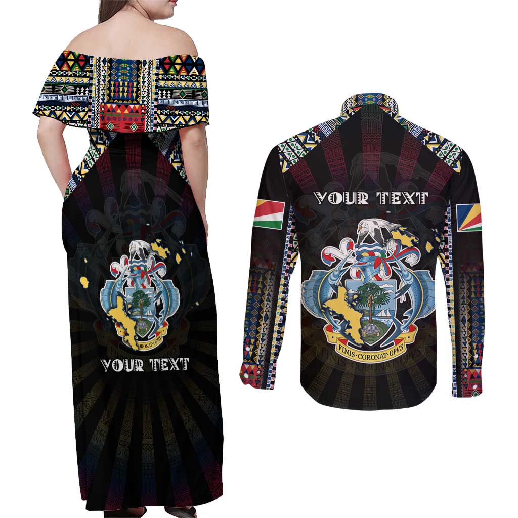 Personalized Seychelles Roots Couples Matching Off Shoulder Maxi Dress and Long Sleeve Button Shirt African Map in Fingerprint and Tribal Colors