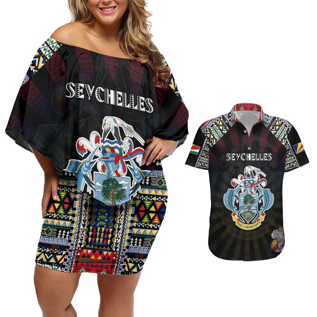 Personalized Seychelles Roots Couples Matching Off Shoulder Short Dress and Hawaiian Shirt African Map in Fingerprint and Tribal Colors