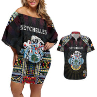 Personalized Seychelles Roots Couples Matching Off Shoulder Short Dress and Hawaiian Shirt African Map in Fingerprint and Tribal Colors