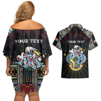 Personalized Seychelles Roots Couples Matching Off Shoulder Short Dress and Hawaiian Shirt African Map in Fingerprint and Tribal Colors