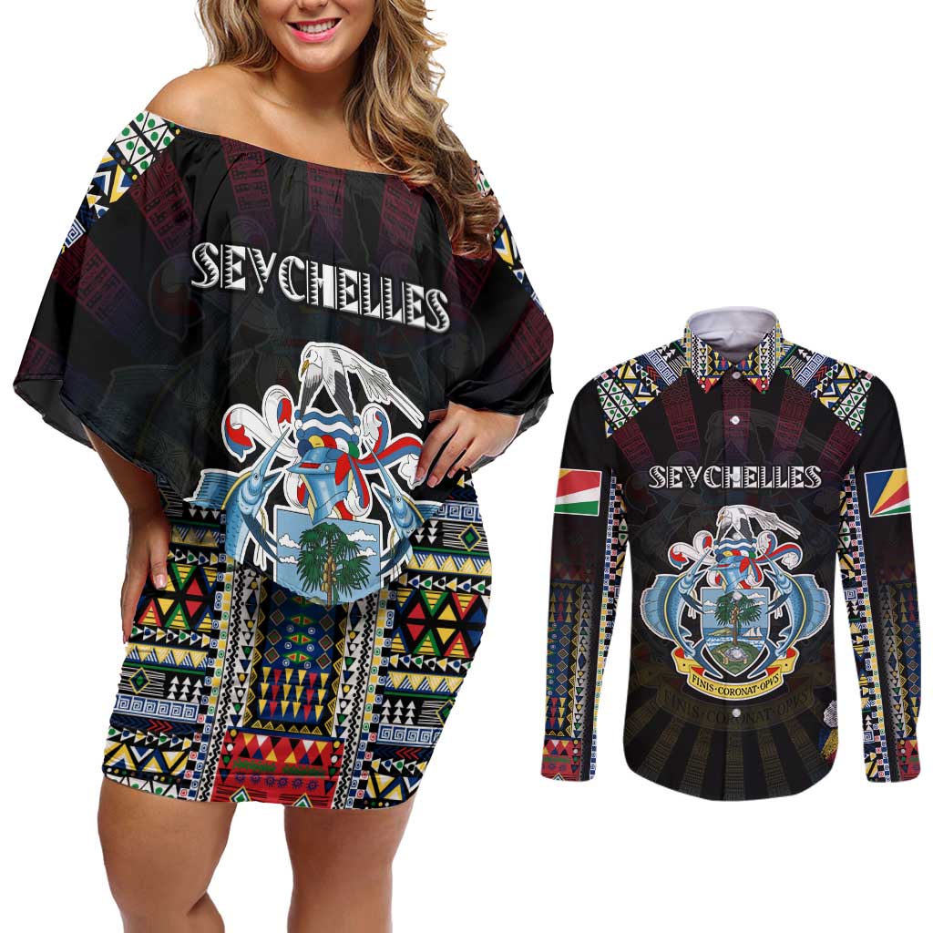 Personalized Seychelles Roots Couples Matching Off Shoulder Short Dress and Long Sleeve Button Shirt African Map in Fingerprint and Tribal Colors