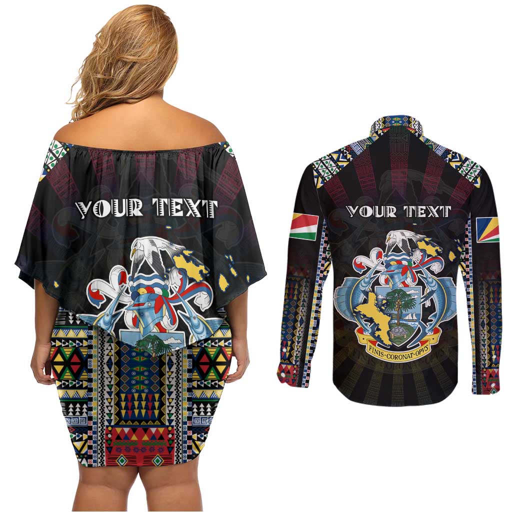 Personalized Seychelles Roots Couples Matching Off Shoulder Short Dress and Long Sleeve Button Shirt African Map in Fingerprint and Tribal Colors