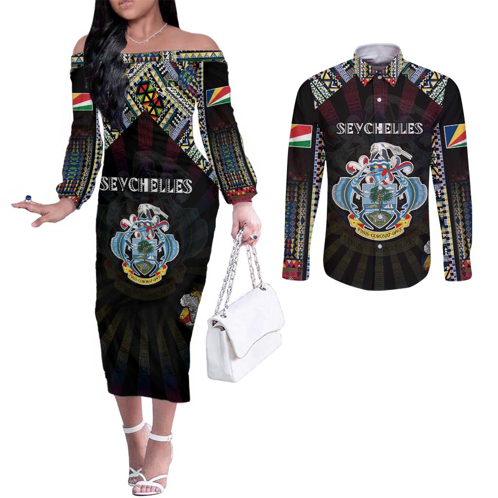 Personalized Seychelles Roots Couples Matching Off The Shoulder Long Sleeve Dress and Long Sleeve Button Shirt African Map in Fingerprint and Tribal Colors