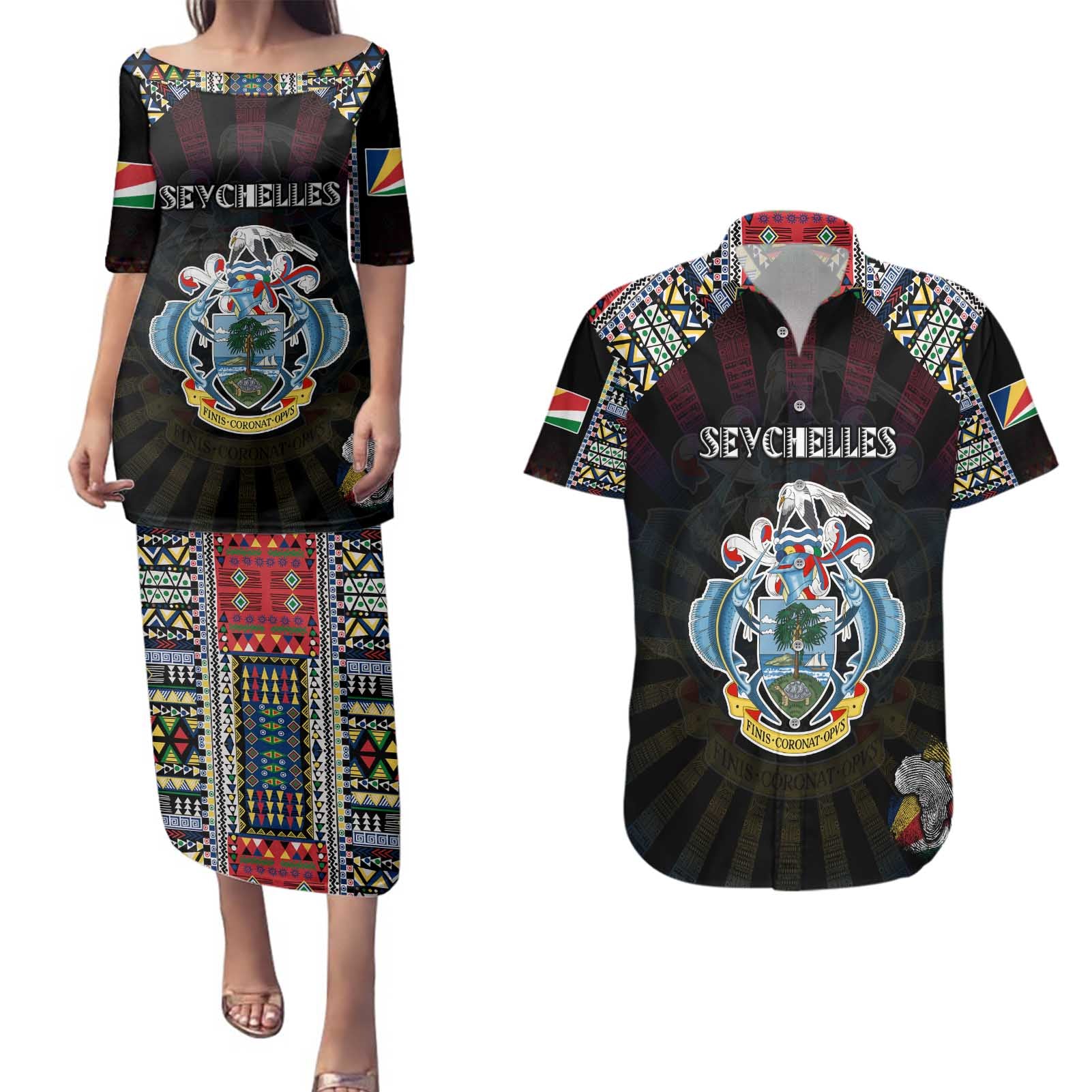 Personalized Seychelles Roots Couples Matching Puletasi and Hawaiian Shirt African Map in Fingerprint and Tribal Colors