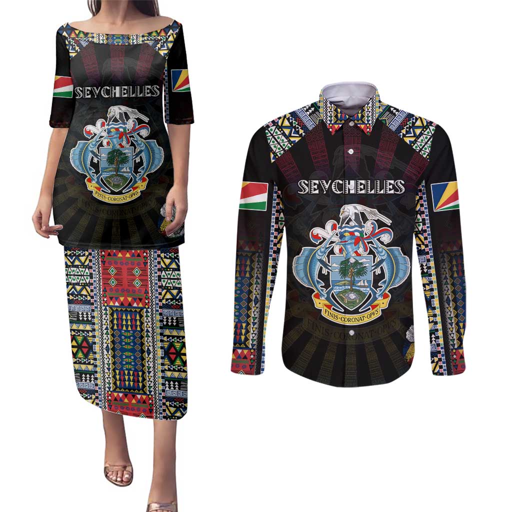 Personalized Seychelles Roots Couples Matching Puletasi and Long Sleeve Button Shirt African Map in Fingerprint and Tribal Colors