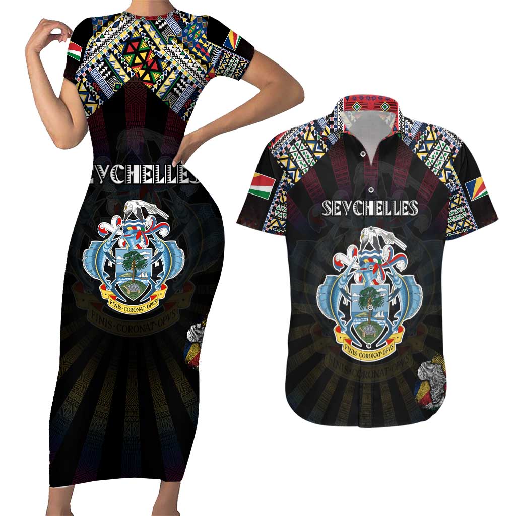 Personalized Seychelles Roots Couples Matching Short Sleeve Bodycon Dress and Hawaiian Shirt African Map in Fingerprint and Tribal Colors