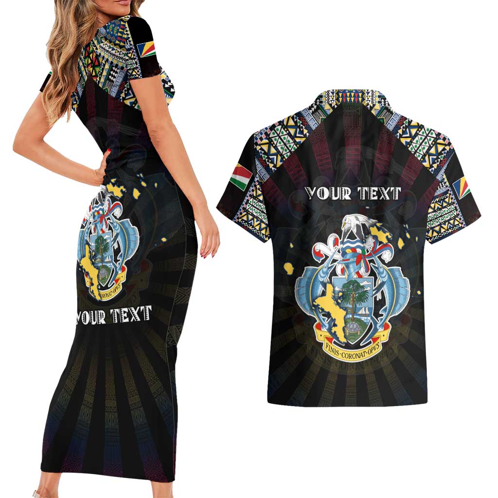Personalized Seychelles Roots Couples Matching Short Sleeve Bodycon Dress and Hawaiian Shirt African Map in Fingerprint and Tribal Colors