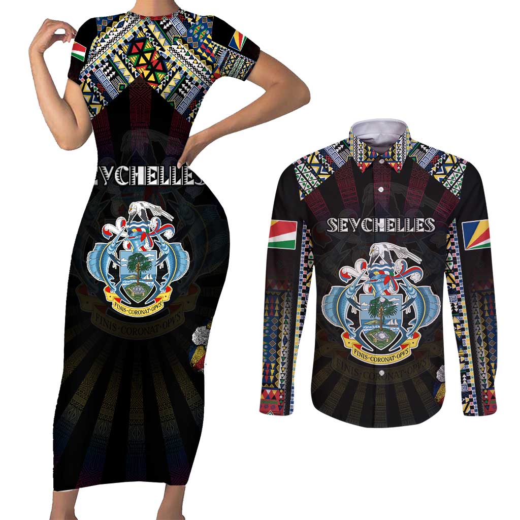 Personalized Seychelles Roots Couples Matching Short Sleeve Bodycon Dress and Long Sleeve Button Shirt African Map in Fingerprint and Tribal Colors