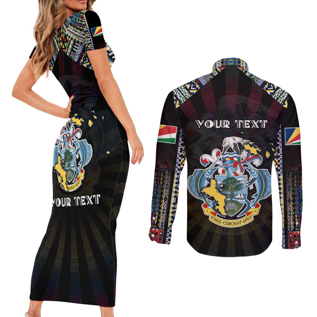 Personalized Seychelles Roots Couples Matching Short Sleeve Bodycon Dress and Long Sleeve Button Shirt African Map in Fingerprint and Tribal Colors