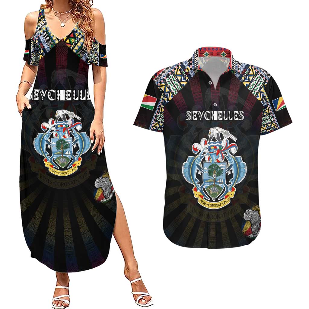 Personalized Seychelles Roots Couples Matching Summer Maxi Dress and Hawaiian Shirt African Map in Fingerprint and Tribal Colors