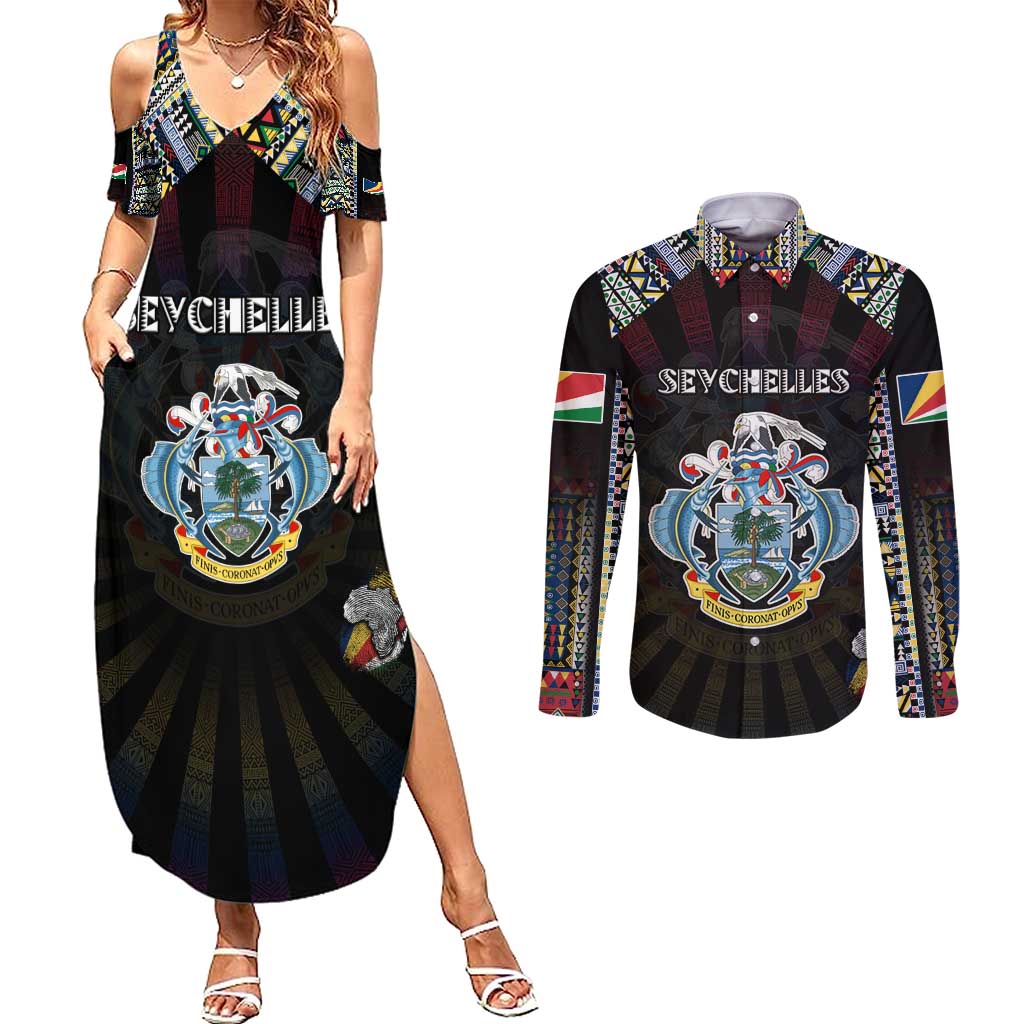 Personalized Seychelles Roots Couples Matching Summer Maxi Dress and Long Sleeve Button Shirt African Map in Fingerprint and Tribal Colors