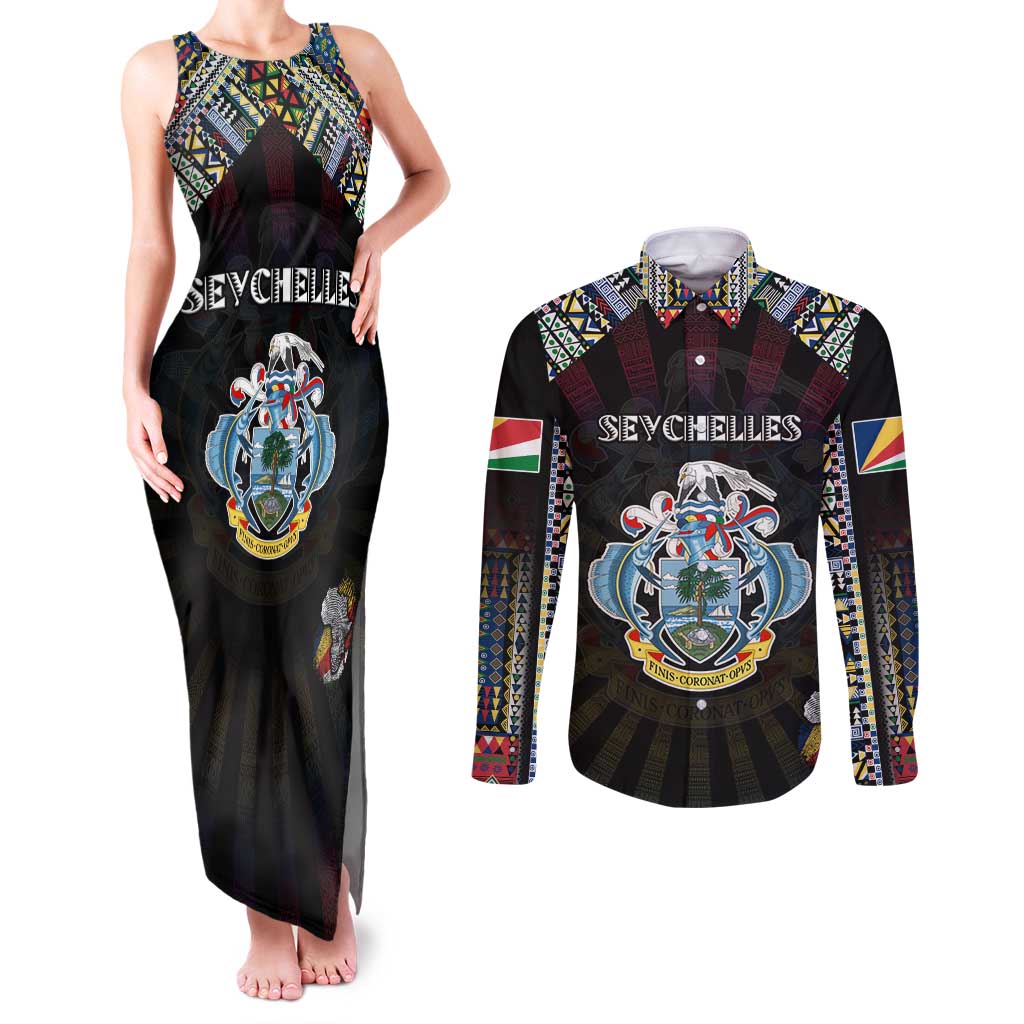 Personalized Seychelles Roots Couples Matching Tank Maxi Dress and Long Sleeve Button Shirt African Map in Fingerprint and Tribal Colors