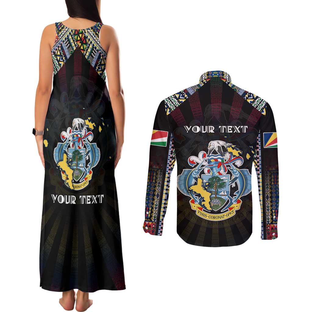 Personalized Seychelles Roots Couples Matching Tank Maxi Dress and Long Sleeve Button Shirt African Map in Fingerprint and Tribal Colors