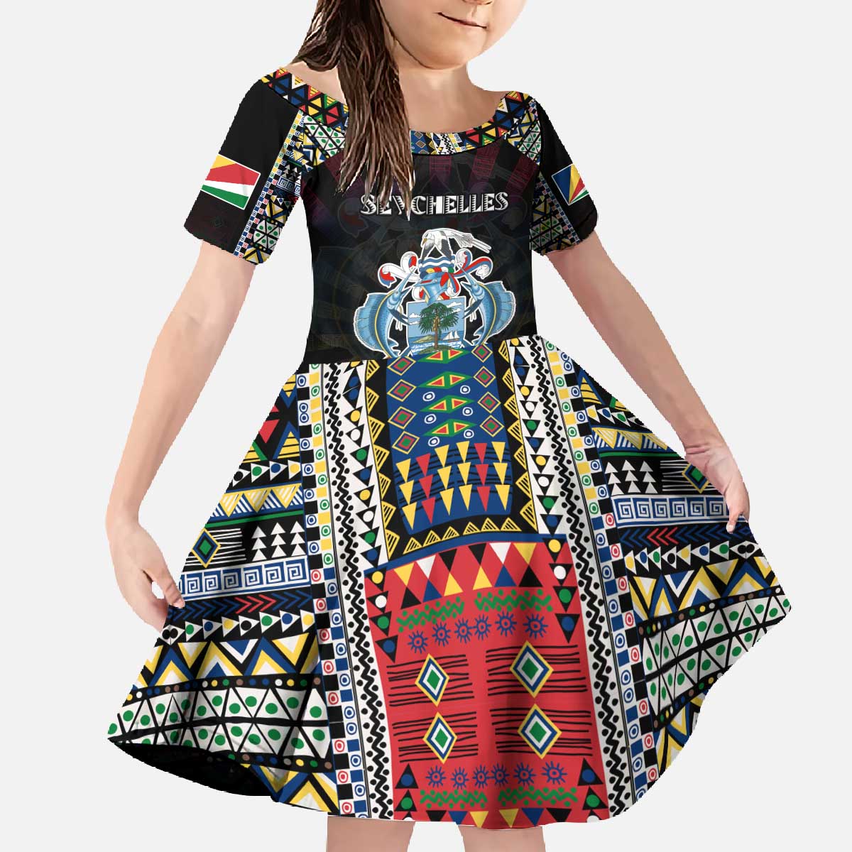 Personalized Seychelles Roots Family Matching Off The Shoulder Long Sleeve Dress and Hawaiian Shirt African Map in Fingerprint and Tribal Colors