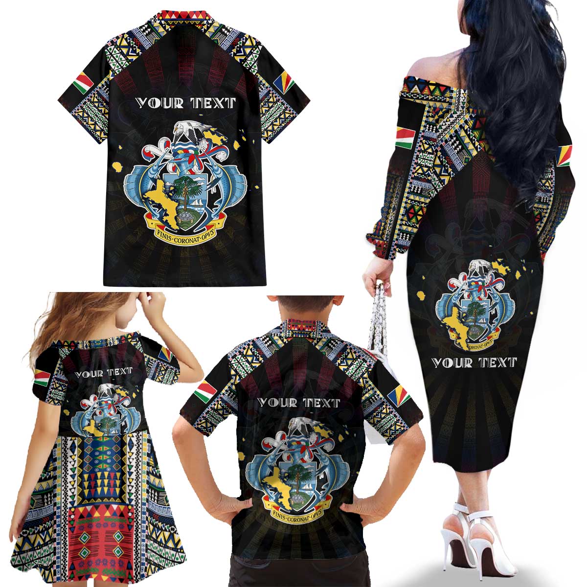 Personalized Seychelles Roots Family Matching Off The Shoulder Long Sleeve Dress and Hawaiian Shirt African Map in Fingerprint and Tribal Colors