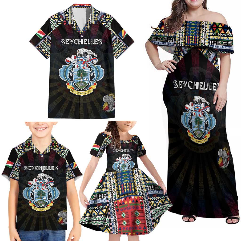 Personalized Seychelles Roots Family Matching Off Shoulder Maxi Dress and Hawaiian Shirt African Map in Fingerprint and Tribal Colors