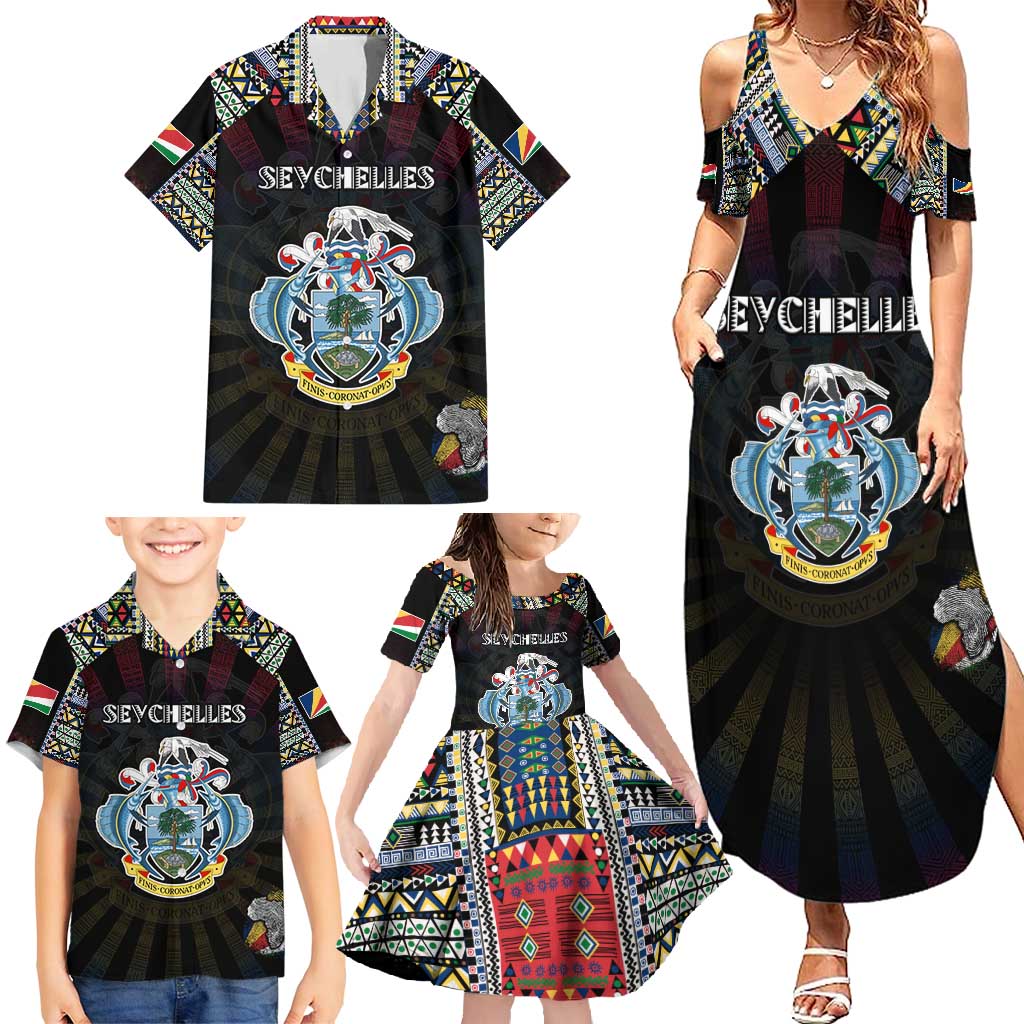 Personalized Seychelles Roots Family Matching Summer Maxi Dress and Hawaiian Shirt African Map in Fingerprint and Tribal Colors