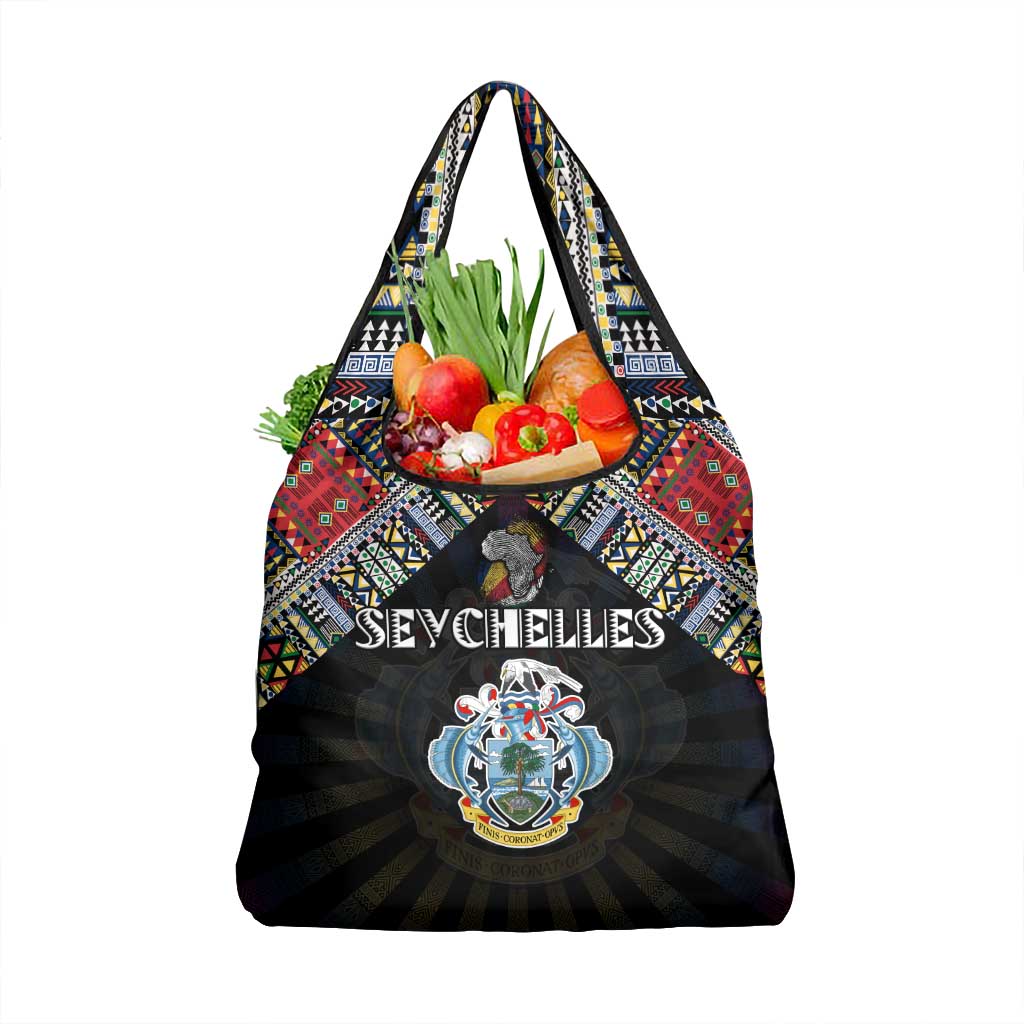 Seychelles Roots Grocery Bag African Map in Fingerprint and Tribal Colors