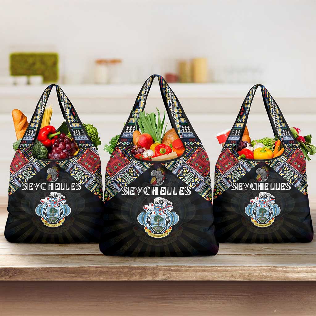 Seychelles Roots Grocery Bag African Map in Fingerprint and Tribal Colors