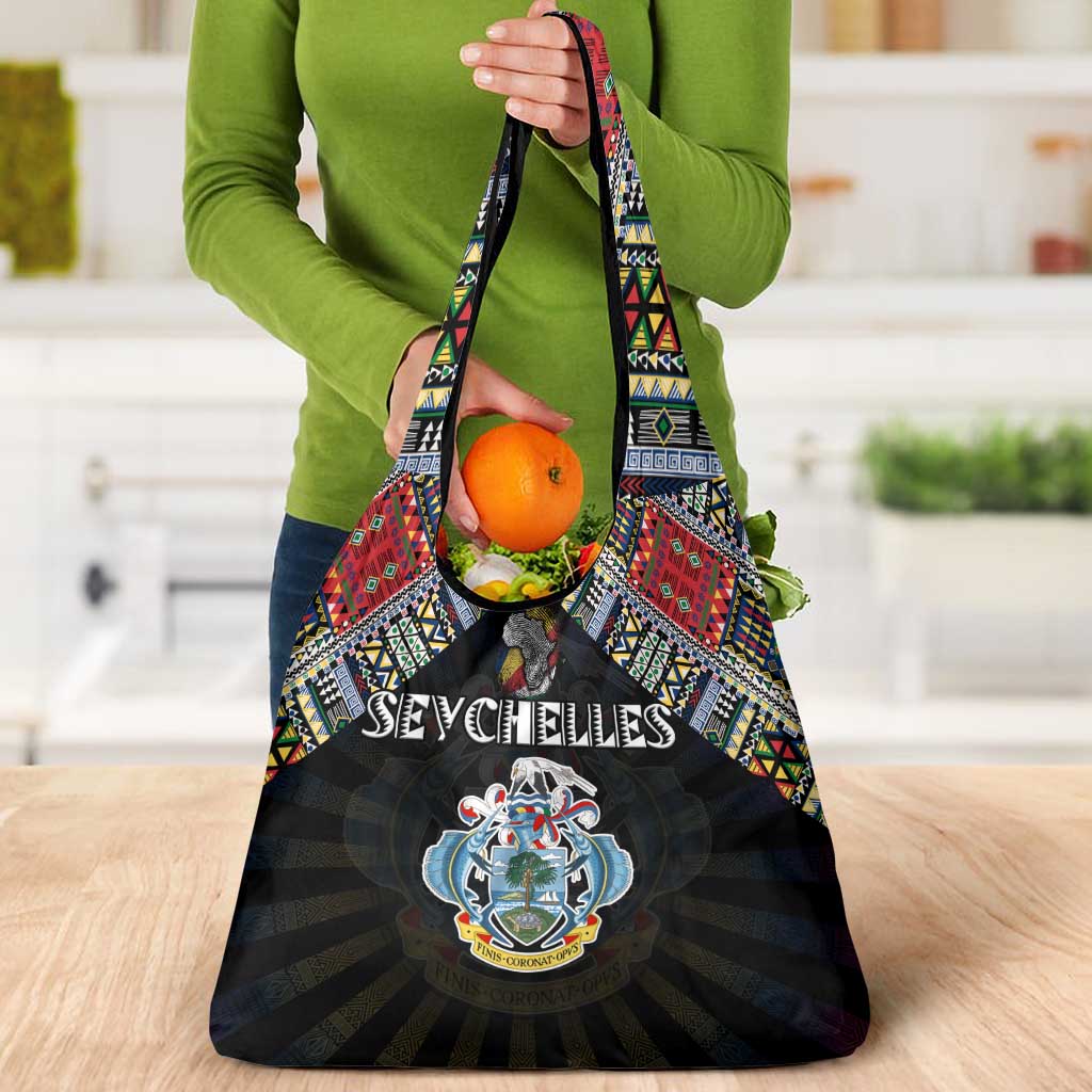Seychelles Roots Grocery Bag African Map in Fingerprint and Tribal Colors